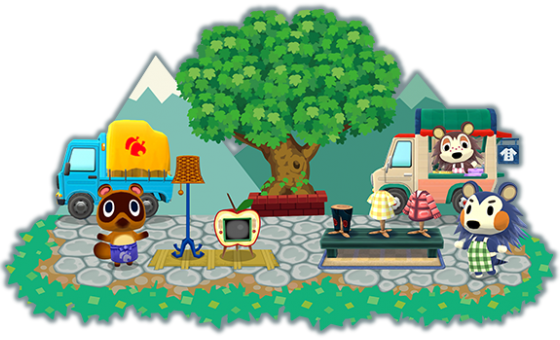 animal crossing characters standing in a plaza in front with a large tree and distant mountains. tom nook is in front of a packed truck with a lamp and apple-shaped TV next to him. Mabel is standing next to a table with clothes displayed, and Sable is behind her in a clothing van.
